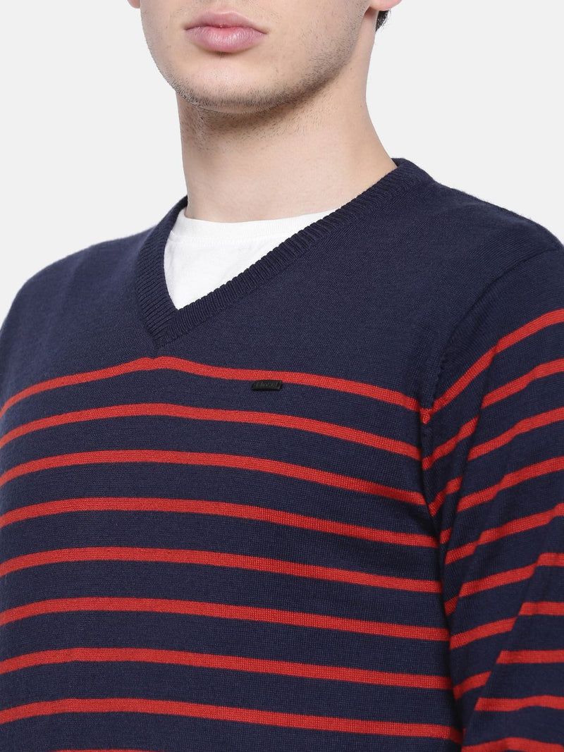 T-Base Men Blue & Maroon Striped Sweater