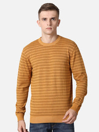 T-Base Men Orange & Black Striped Cotton Pullover