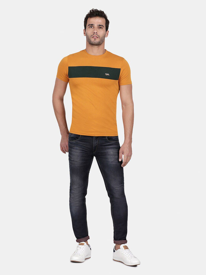 T-Base Men Plus Size Mustard Yellow & Green Slim Fit T-Shirt