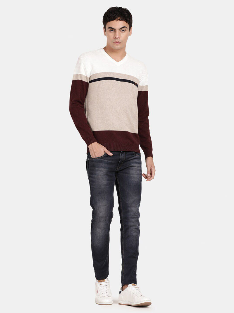 T-Base Colourblocked V-Neck Ribbed Cotton Pullover