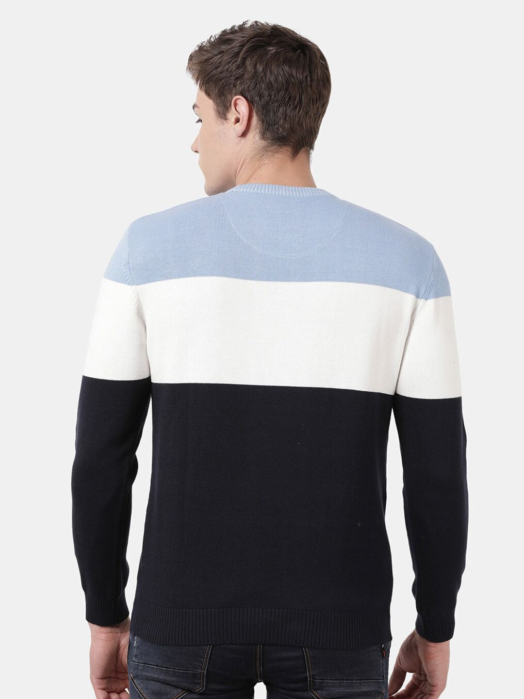 T-Base Men Navy Blue & White Colourblocked Striped Pullover