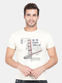 T-Base Men Beige Printed Applique T-Shirt