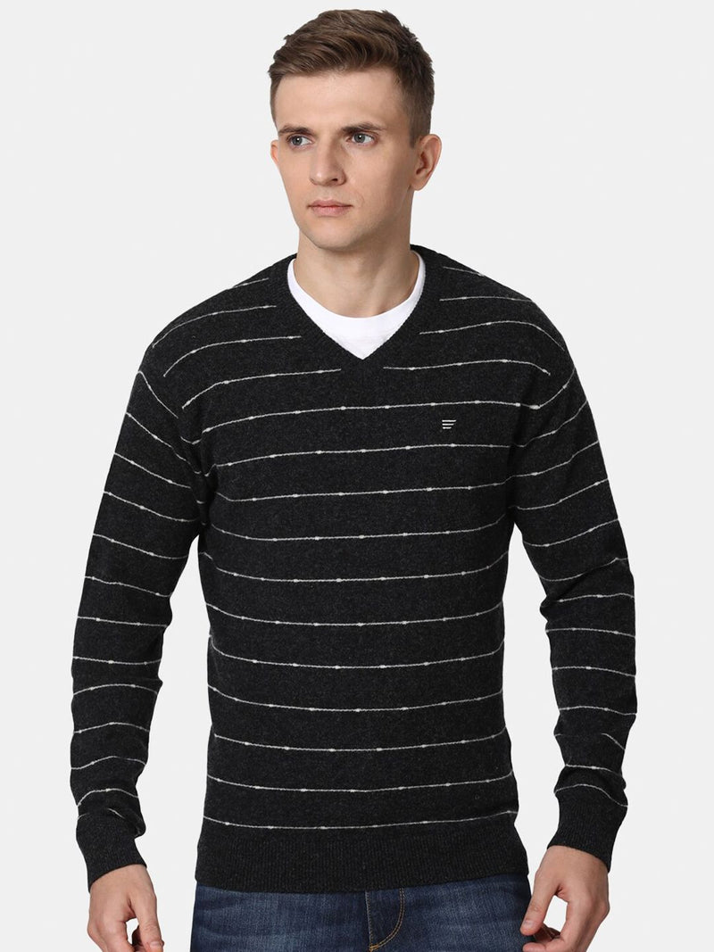 T-Base Men Black & White Striped Woolen Pullover