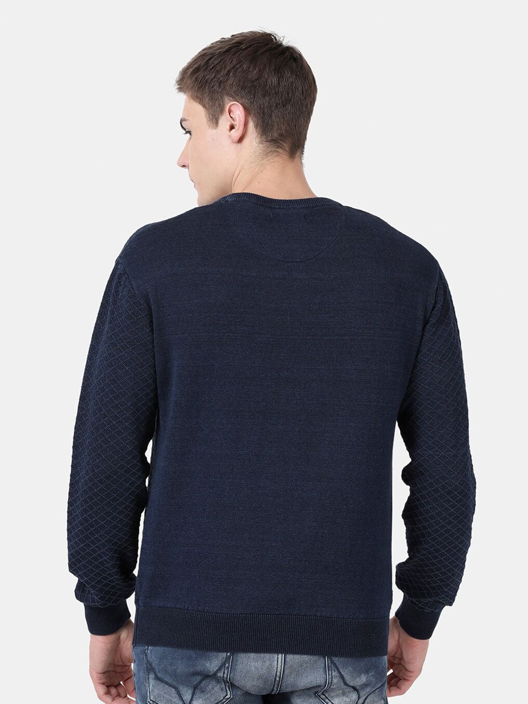 T-Base Men Blue Checked Round Neck Pullover Sweater