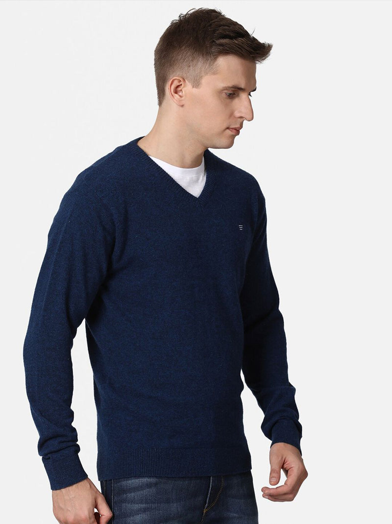 T-Base Men's Bright Denim Solid Lambswool V-Neck Sweater