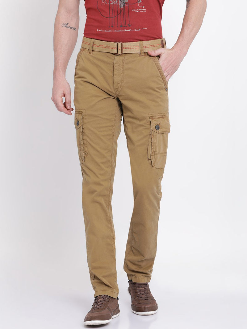 T-Base Men Khaki Brown Tapered Fit Solid Cargos