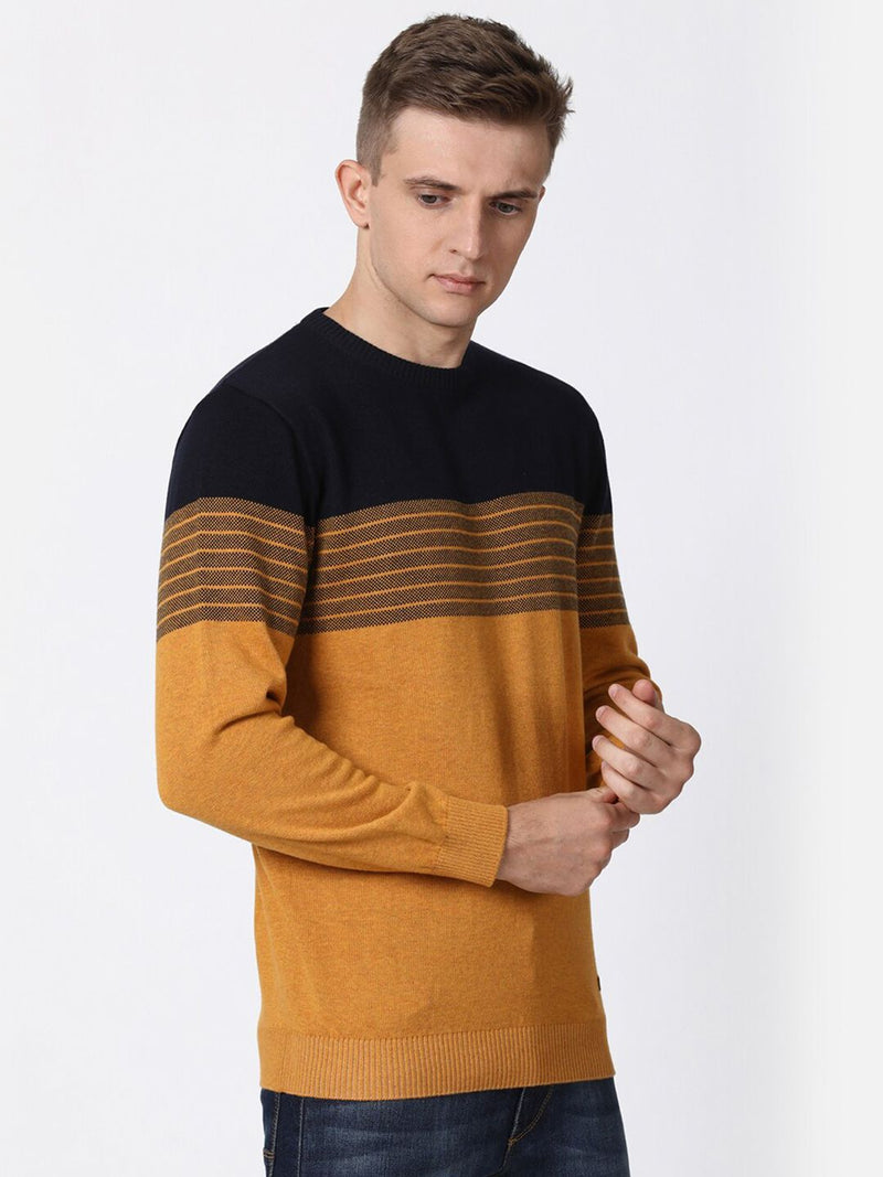 T-Base Men Mustard & Black Striped Colourblocked Cotton Pullover