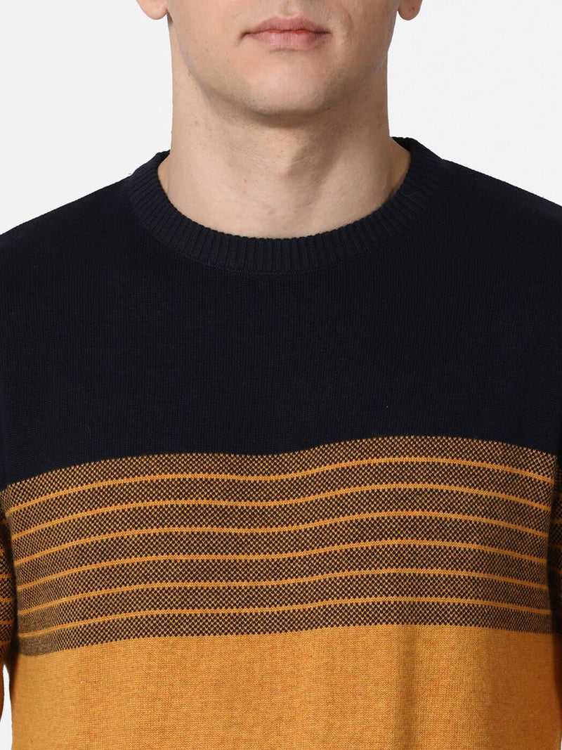 T-Base Men Mustard & Black Striped Colourblocked Cotton Pullover