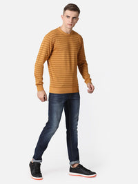 T-Base Men Orange & Black Striped Cotton Pullover