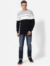 T-Base Men Navy Blue & Grey Striped Cotton Pullover