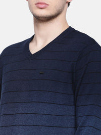 T-Base Men Blue & Grey Striped Sweater