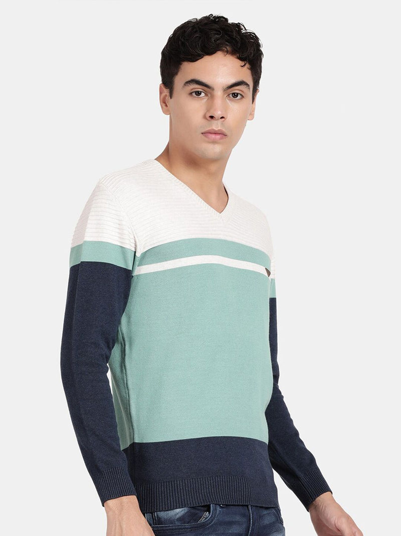 V Neck Full Sleeve Ocean Wave Color Blocked Pullover