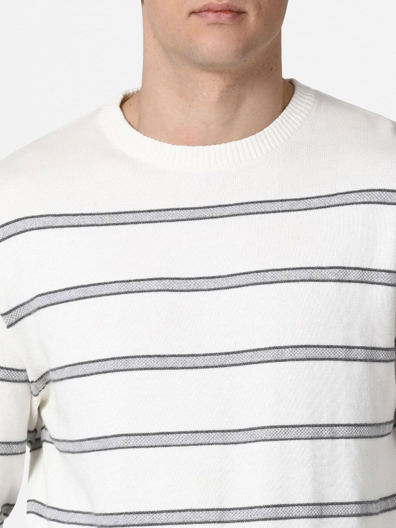 T-Base Men Off White & Black Striped Cotton Pullover