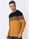 T-Base Men Mustard & Black Striped Colourblocked Cotton Pullover