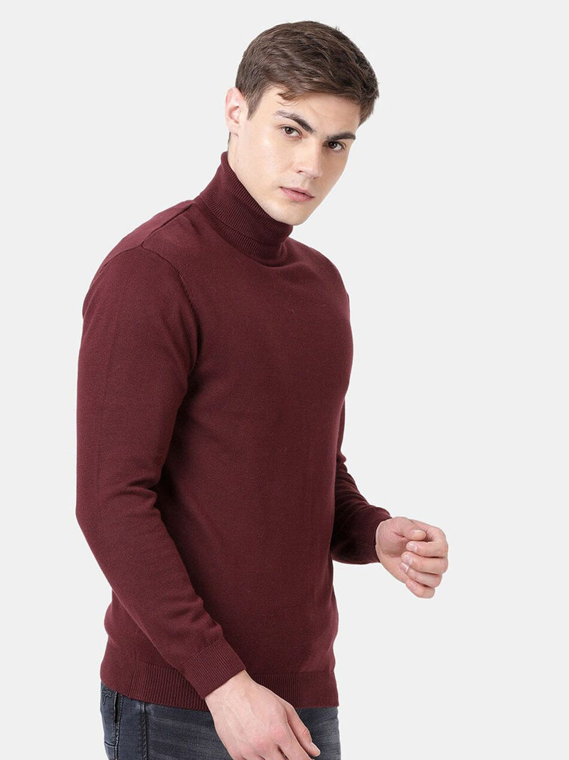 T-Base Men Maroon Turtle Neck Cotton Pullover