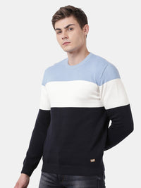 T-Base Men Navy Blue & White Colourblocked Striped Pullover