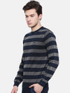 T-Base Men Navy Blue & Grey Striped Sweater