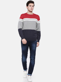 T-Base Men Grey & Red Striped Sweater