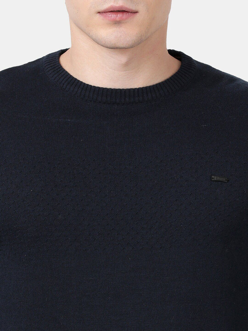 T-Base Men Navy Blue Solid Round Neck Pullover Sweater