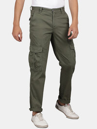 T-Base Men Mid-Rise Flat-Front Plain Zip Cotton Cargos Trouser