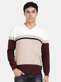 T-Base Colourblocked V-Neck Ribbed Cotton Pullover