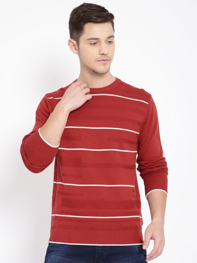 T-Base Men Red & White Striped Pullover Sweater