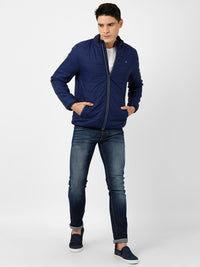 t-base Men Navy Blue Solid Lightweight Padded Jacket