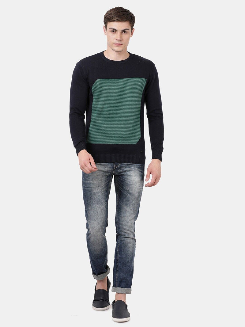 T-Base Men Navy Blue & Green Striped Pullover