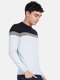 Crew Neck Full Sleeve Aqua Melange Color Blocked Pullover