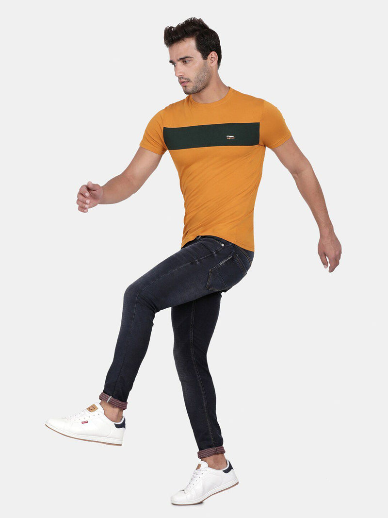 T-Base Men Plus Size Mustard Yellow & Green Slim Fit T-Shirt