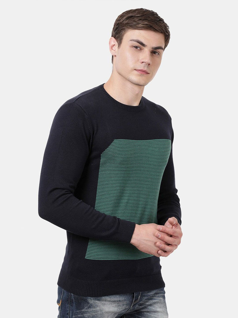 T-Base Men Navy Blue & Green Striped Pullover