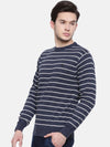 T-Base Men Navy Blue & White Striped Sweater