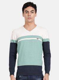 V Neck Full Sleeve Ocean Wave Color Blocked Pullover