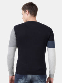 T-Base Men Grey & Black Colourblocked Round Neck Pullover Sweater