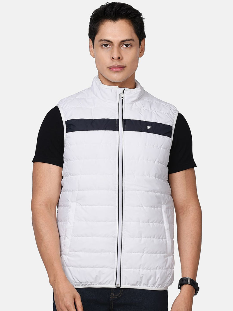 t-base Men White Black Colourblocked Lightweight Puffer Jacket