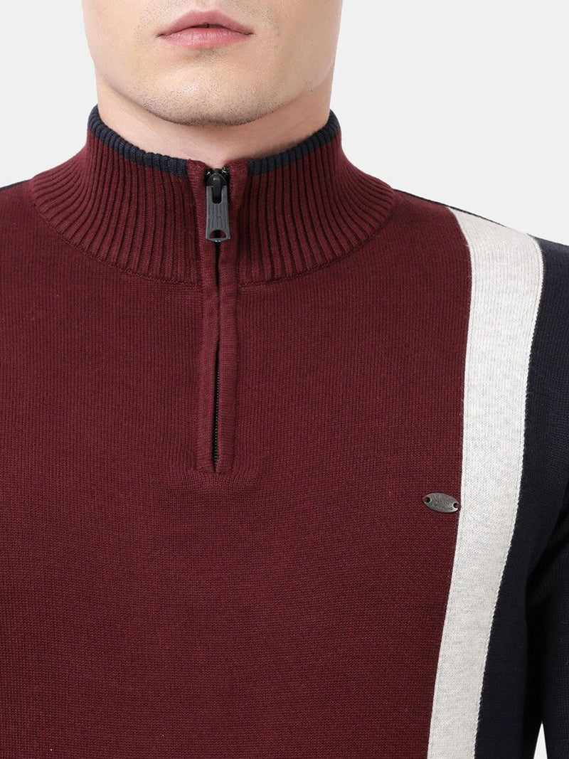 T-Base Men Maroon & White Colourblocked Pullover