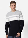 T-Base Men Navy Blue & Grey Striped Cotton Pullover