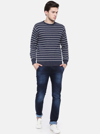 T-Base Men Navy Blue & White Striped Sweater