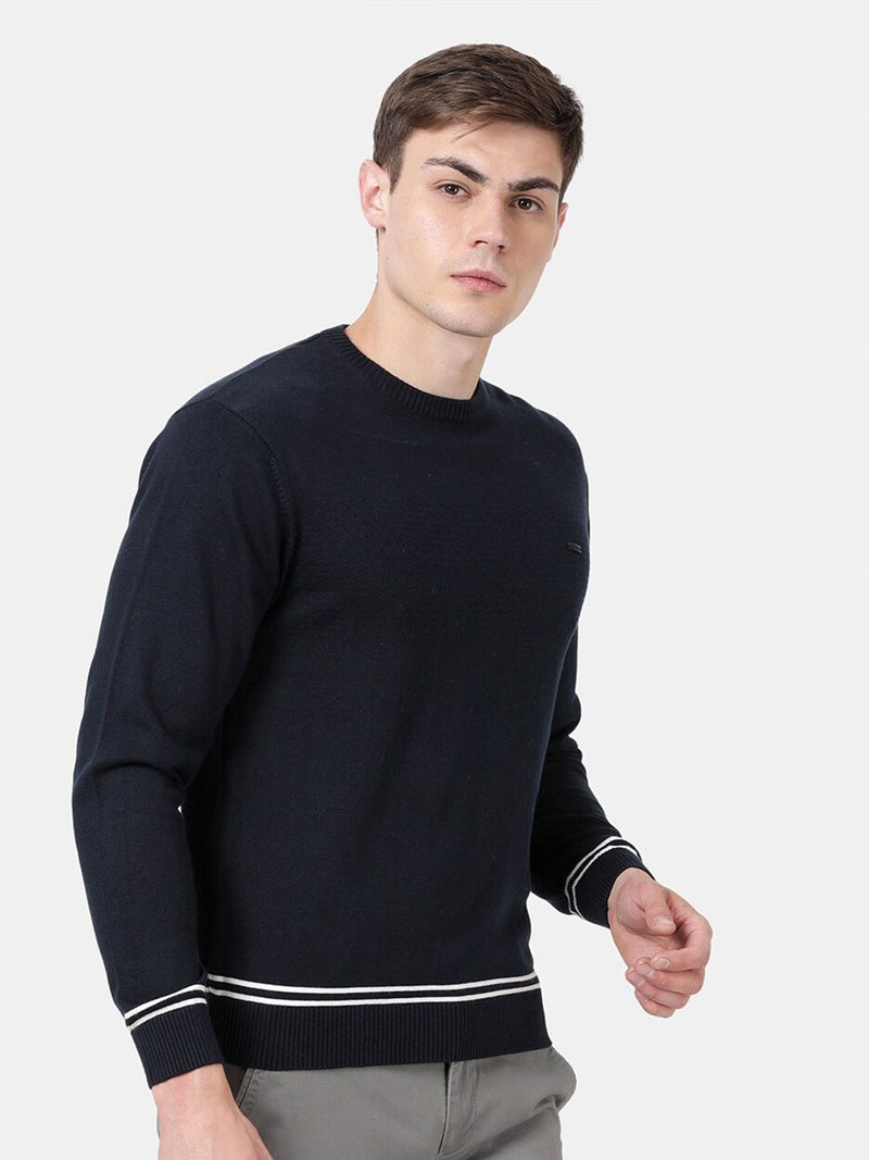 T-Base Men Navy Blue Solid Round Neck Pullover Sweater