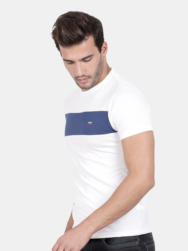 T-Base Men Off White Striped Slim Fit Cotton T-Shirt