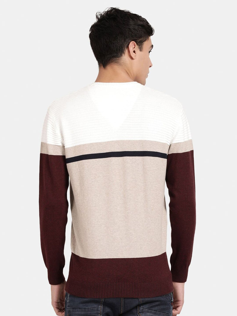 T-Base Colourblocked V-Neck Ribbed Cotton Pullover