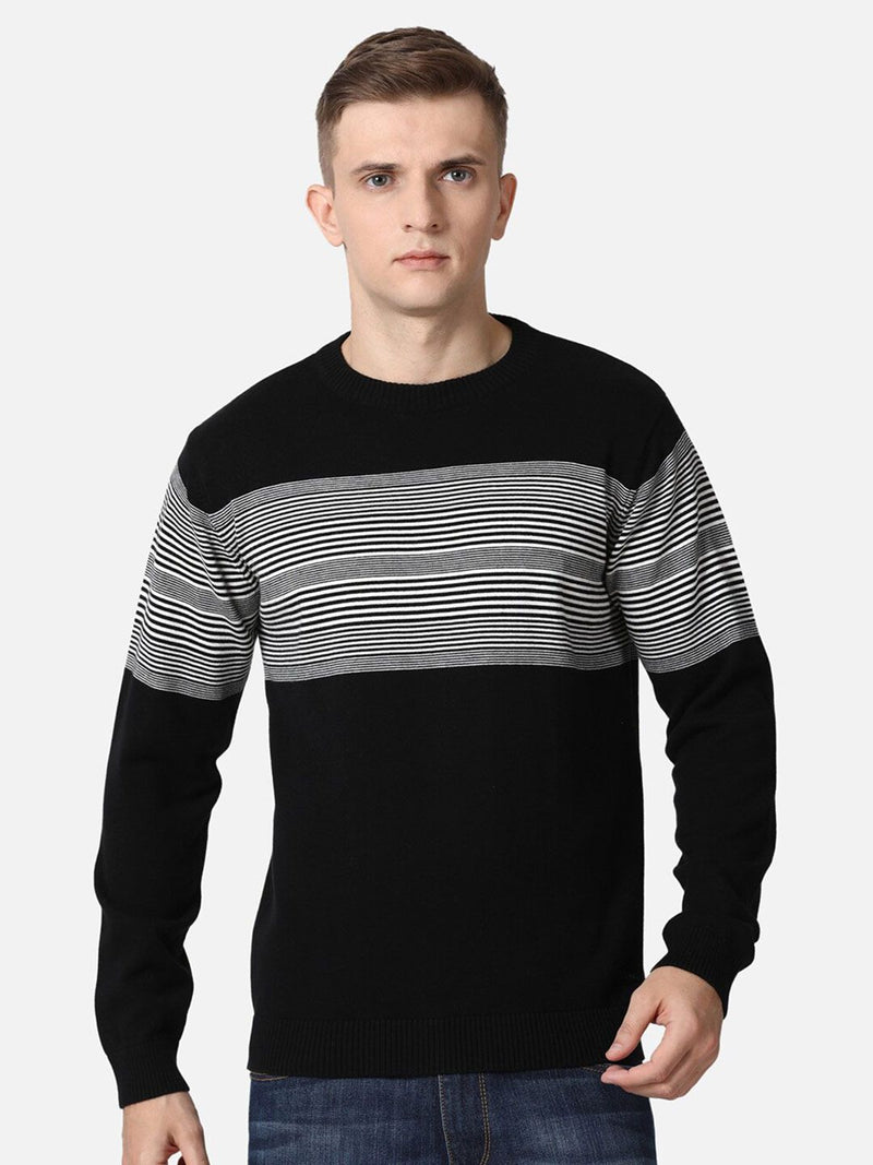 T-Base Men Black & White Striped Pure Cotton Pullover