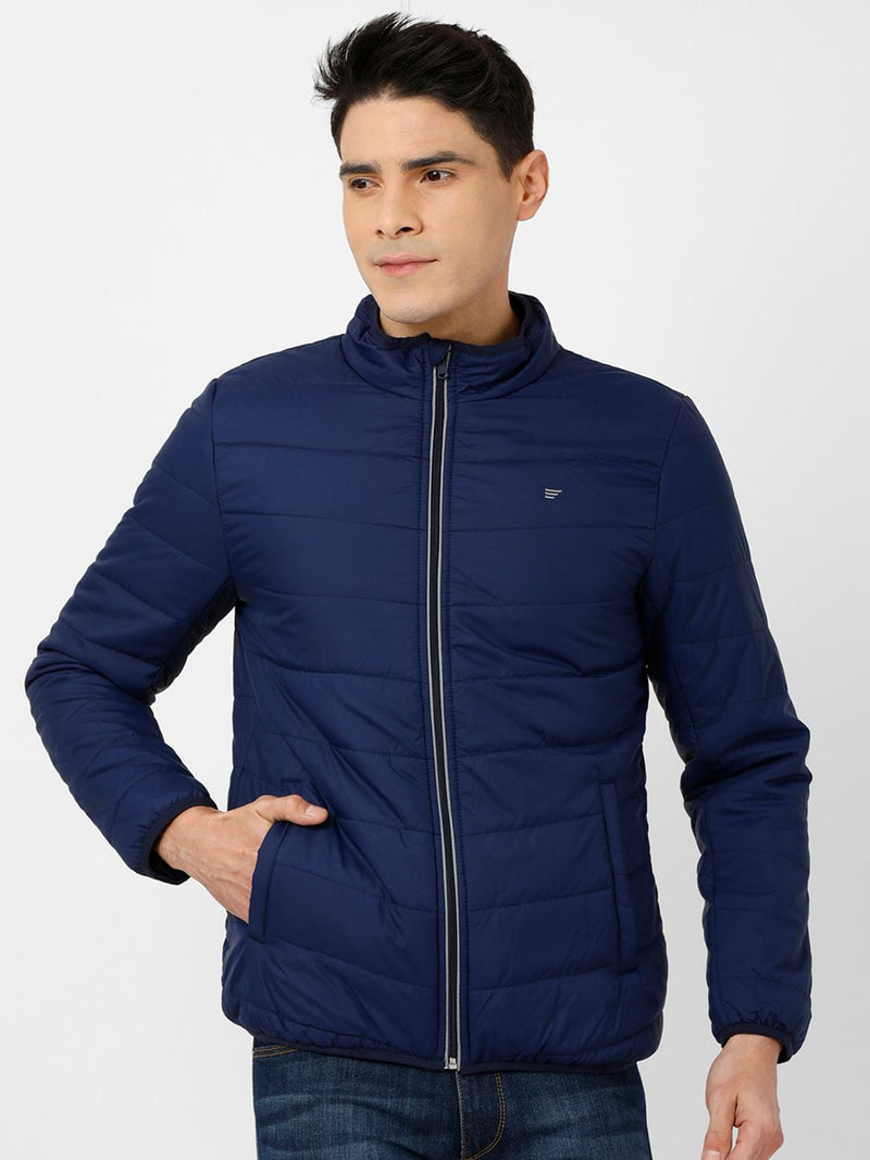 t-base Men Navy Blue Solid Lightweight Padded Jacket