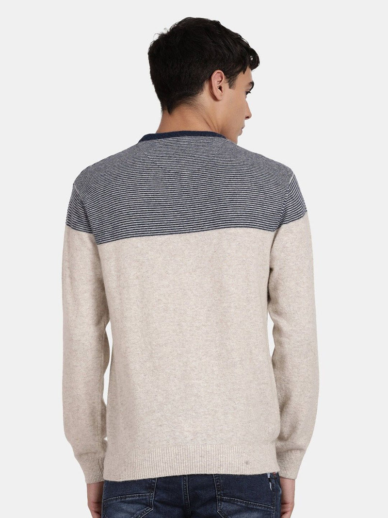 T-Base Colourblocked Round Neck Long Sleeves Woolen Pullover Sweater